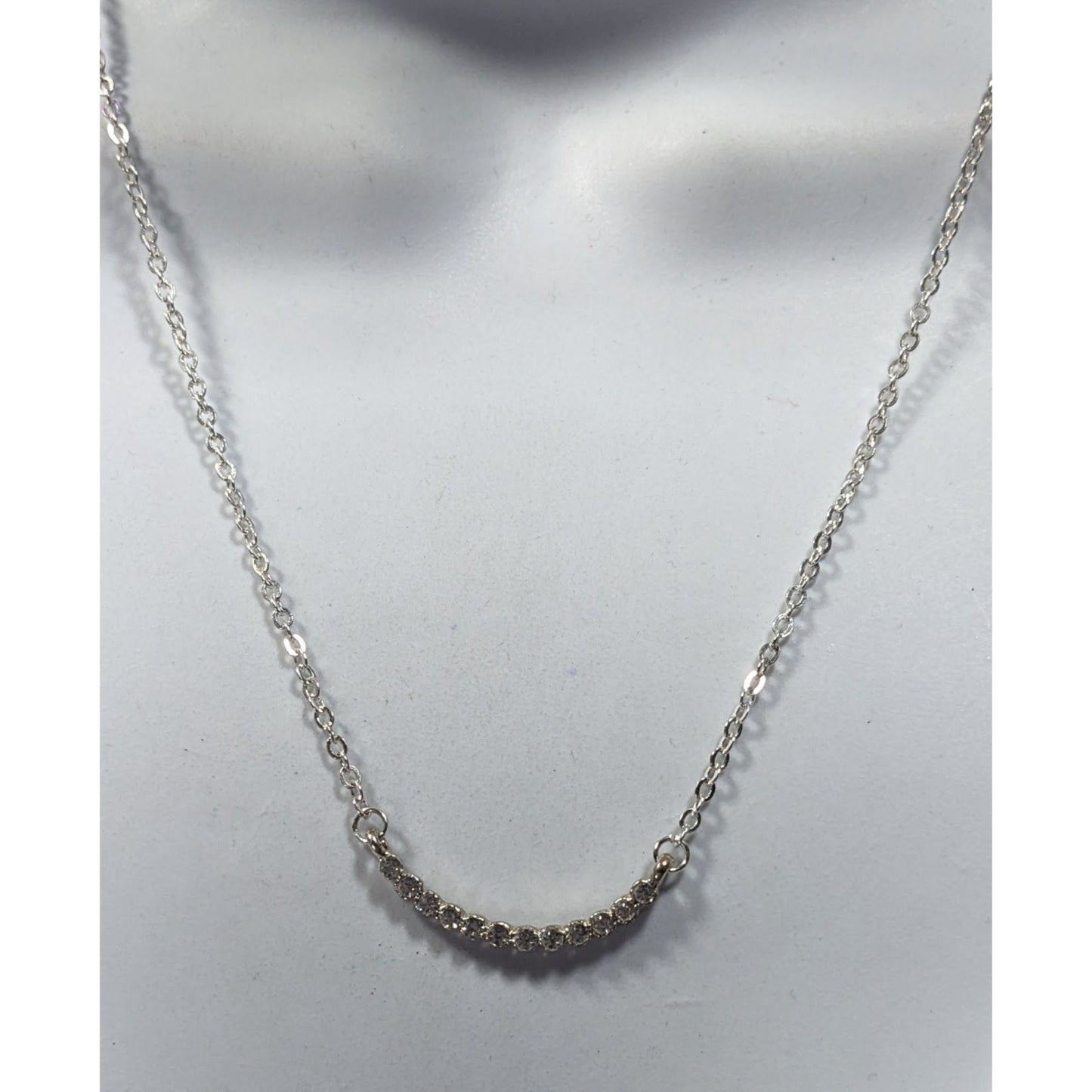Minimalist Glam Curved Rhinestone Bar Silver Tone Necklace