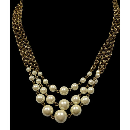 Vintage Glam Avon Cream And Gold Tone Fuax Pearl Layered Chain Necklace