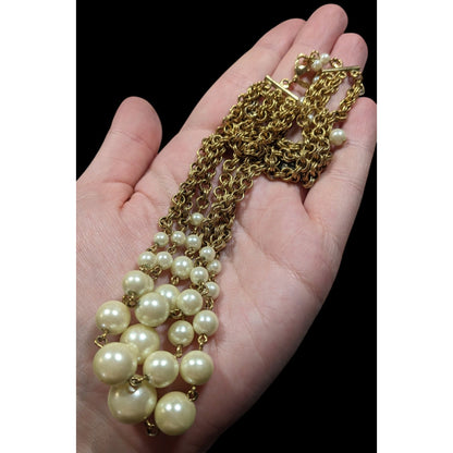 Vintage Glam Avon Cream And Gold Tone Fuax Pearl Layered Chain Necklace