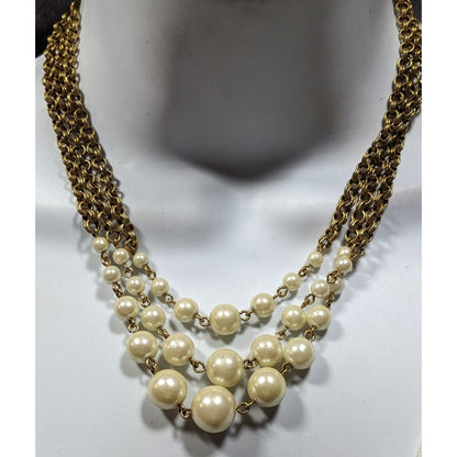Vintage Glam Avon Cream And Gold Tone Fuax Pearl Layered Chain Necklace