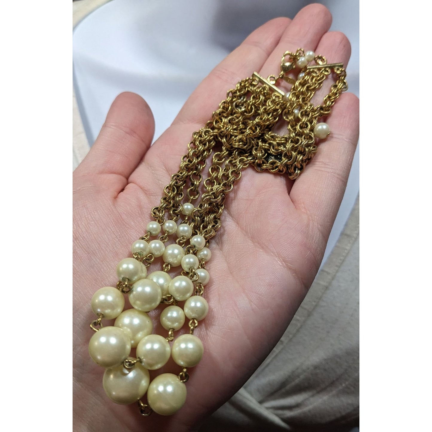 Vintage Glam Avon Cream And Gold Tone Fuax Pearl Layered Chain Necklace