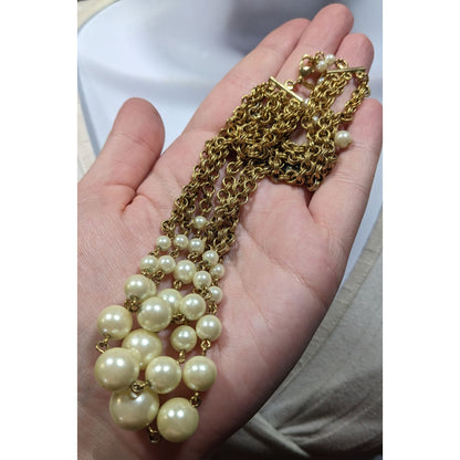 Vintage Glam Avon Cream And Gold Tone Fuax Pearl Layered Chain Necklace