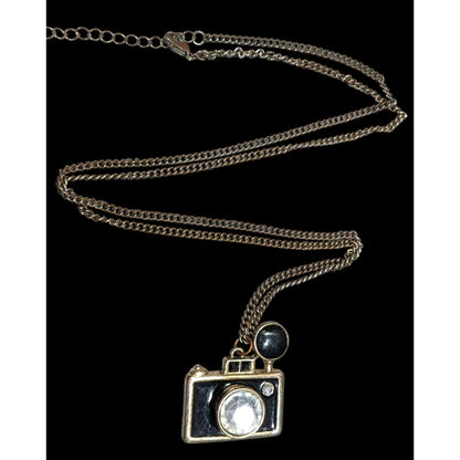 Quirky Glam Camera Pendant Necklace With Crystal Lens & Black Enamel Charm