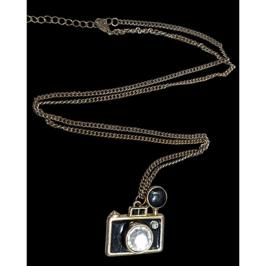 Quirky Glam Camera Pendant Necklace With Crystal Lens & Black Enamel Charm