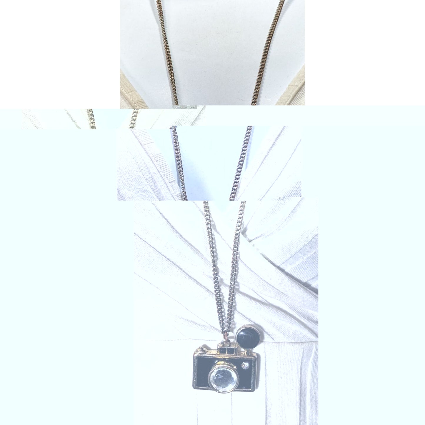 Quirky Glam Camera Pendant Necklace With Crystal Lens & Black Enamel Charm