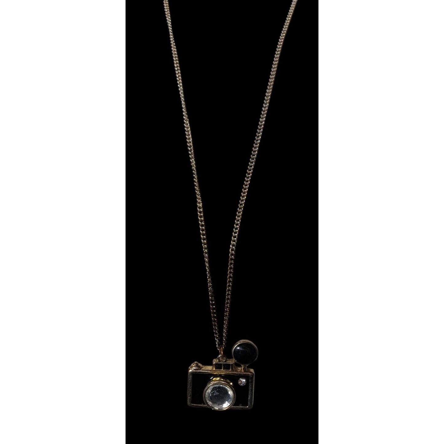 Quirky Glam Camera Pendant Necklace With Crystal Lens & Black Enamel Charm