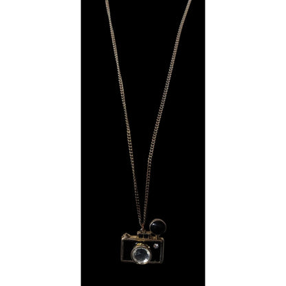 Quirky Glam Camera Pendant Necklace With Crystal Lens & Black Enamel Charm