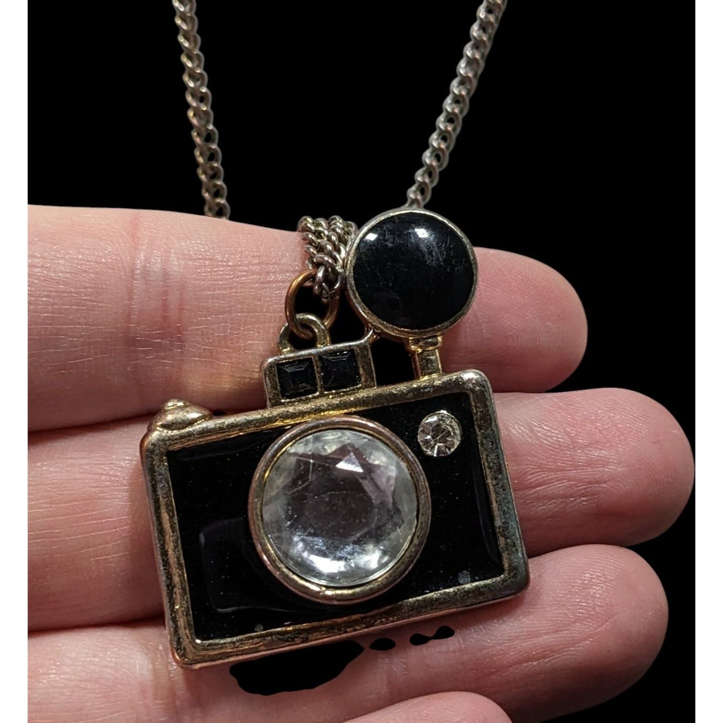 Quirky Glam Camera Pendant Necklace With Crystal Lens & Black Enamel Charm