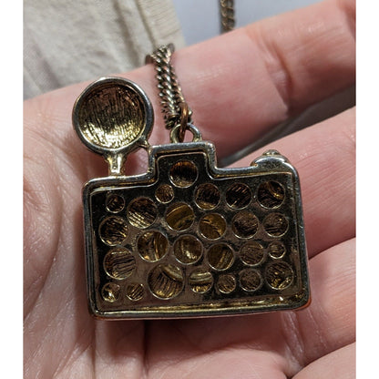 Quirky Glam Camera Pendant Necklace With Crystal Lens & Black Enamel Charm