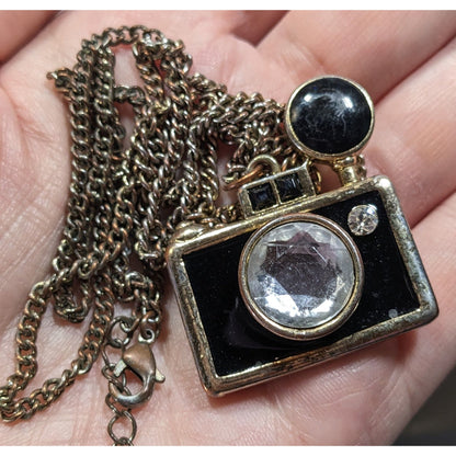 Quirky Glam Camera Pendant Necklace With Crystal Lens & Black Enamel Charm