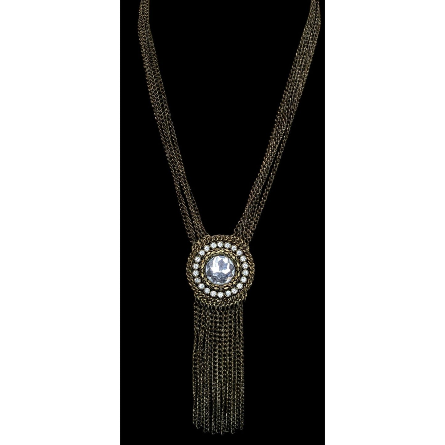 Vintage Boho Glam Necklace With Crystal Center Bronze Chains Fringe