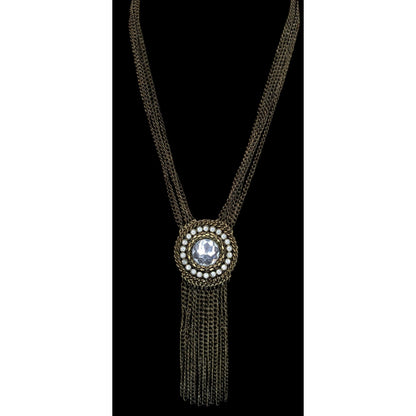 Vintage Boho Glam Necklace With Crystal Center Bronze Chains Fringe