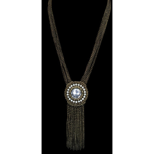 Vintage Boho Glam Necklace With Crystal Center Bronze Chains Fringe