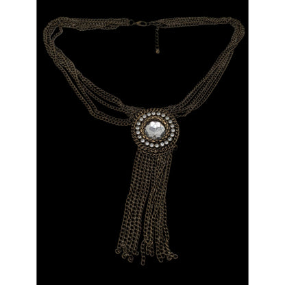 Vintage Boho Glam Necklace With Crystal Center Bronze Chains Fringe