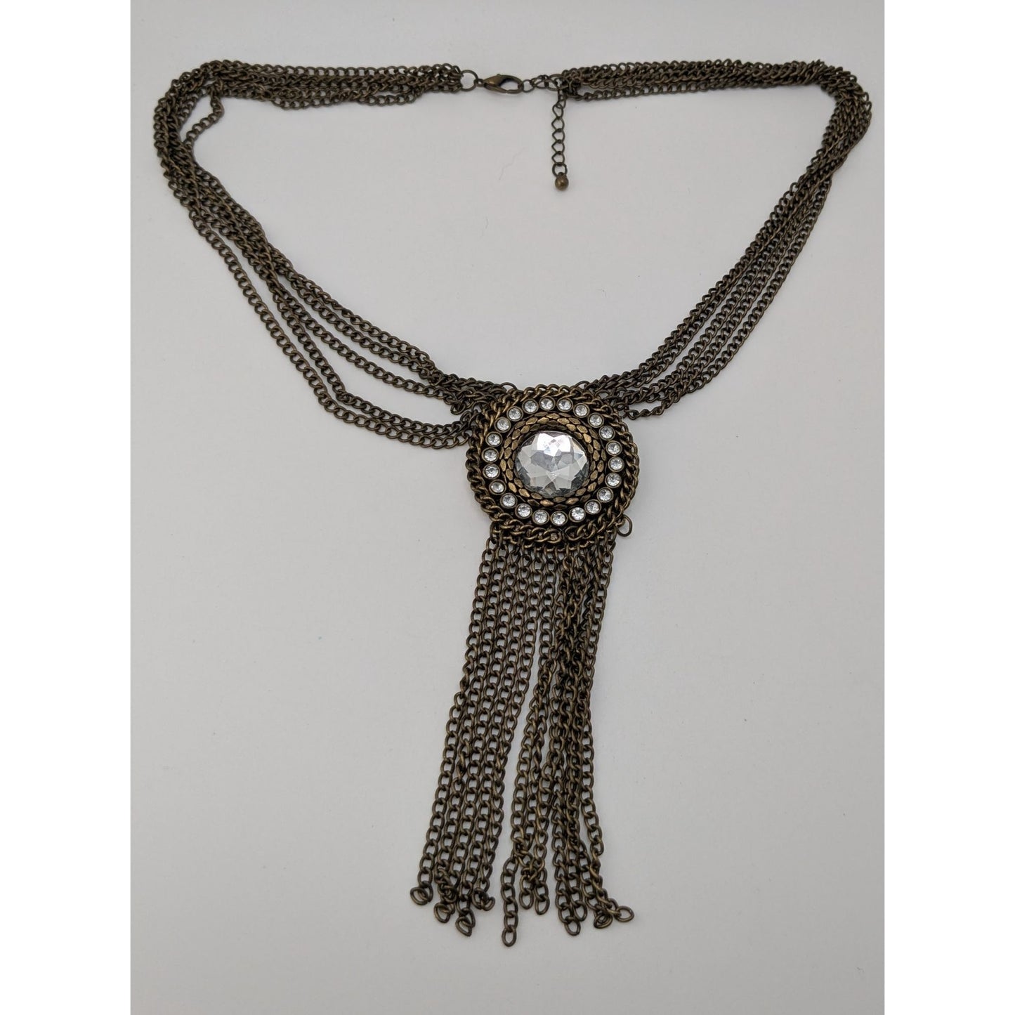 Vintage Boho Glam Necklace With Crystal Center Bronze Chains Fringe