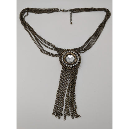 Vintage Boho Glam Necklace With Crystal Center Bronze Chains Fringe