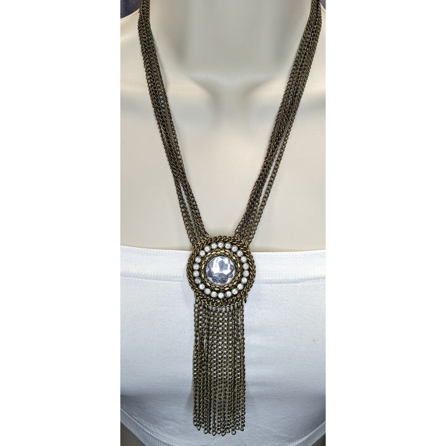 Vintage Boho Glam Necklace With Crystal Center Bronze Chains Fringe