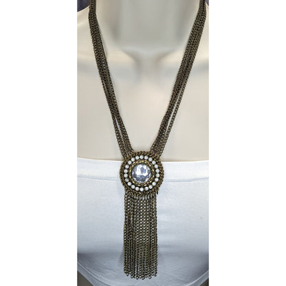 Vintage Boho Glam Necklace With Crystal Center Bronze Chains Fringe