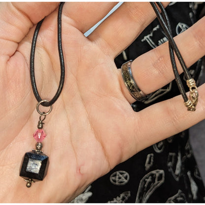 Gothic Black Cube Pendant Necklace Pink Crystal Cord Choker Geometric Minimalist Jewelry