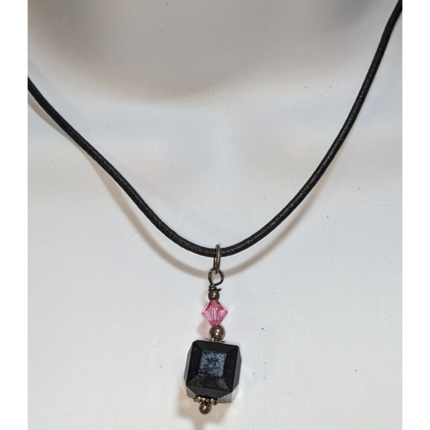 Gothic Black Cube Pendant Necklace Pink Crystal Cord Choker Geometric Minimalist Jewelry