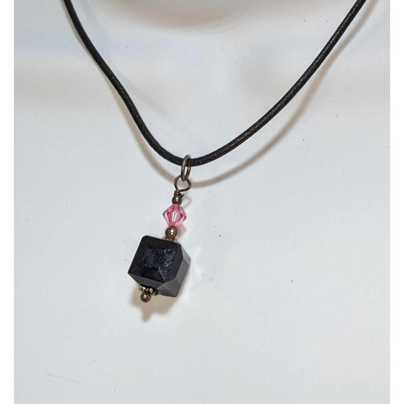 Gothic Black Cube Pendant Necklace Pink Crystal Cord Choker Geometric Minimalist Jewelry