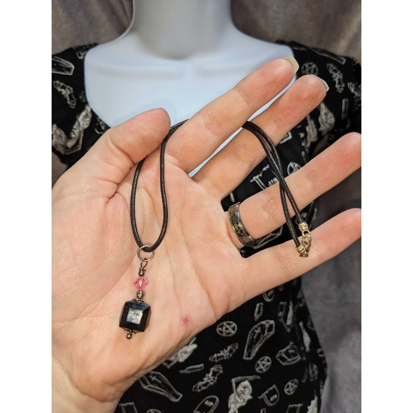 Gothic Black Cube Pendant Necklace Pink Crystal Cord Choker Geometric Minimalist Jewelry