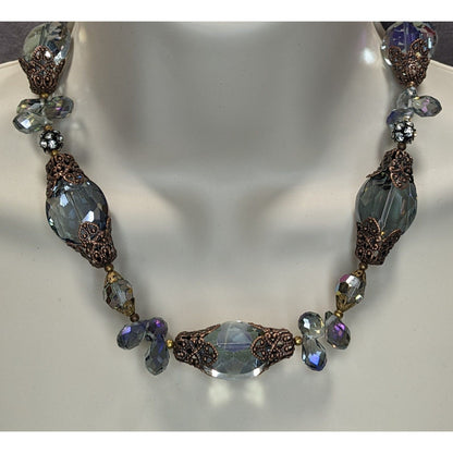 Vintage Handmade Steampunk Glam Glass Necklace With Ornate Beads Toggle Clasp