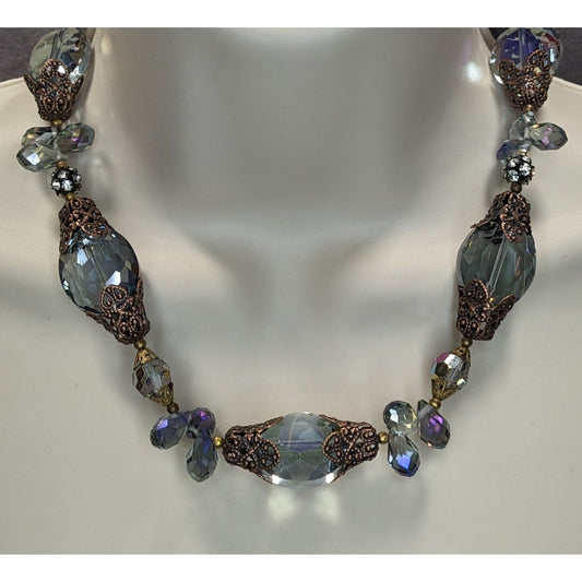 Vintage Handmade Steampunk Glam Glass Necklace With Ornate Beads Toggle Clasp