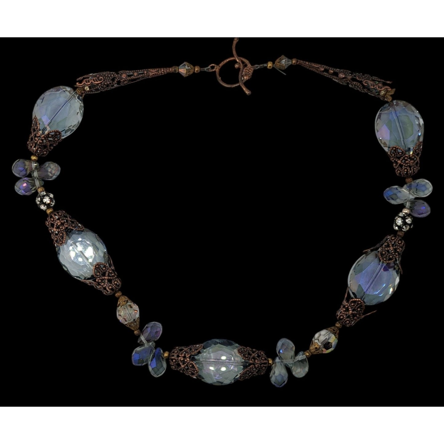 Vintage Handmade Steampunk Glam Glass Necklace With Ornate Beads Toggle Clasp