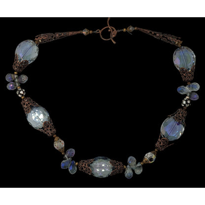 Vintage Handmade Steampunk Glam Glass Necklace With Ornate Beads Toggle Clasp