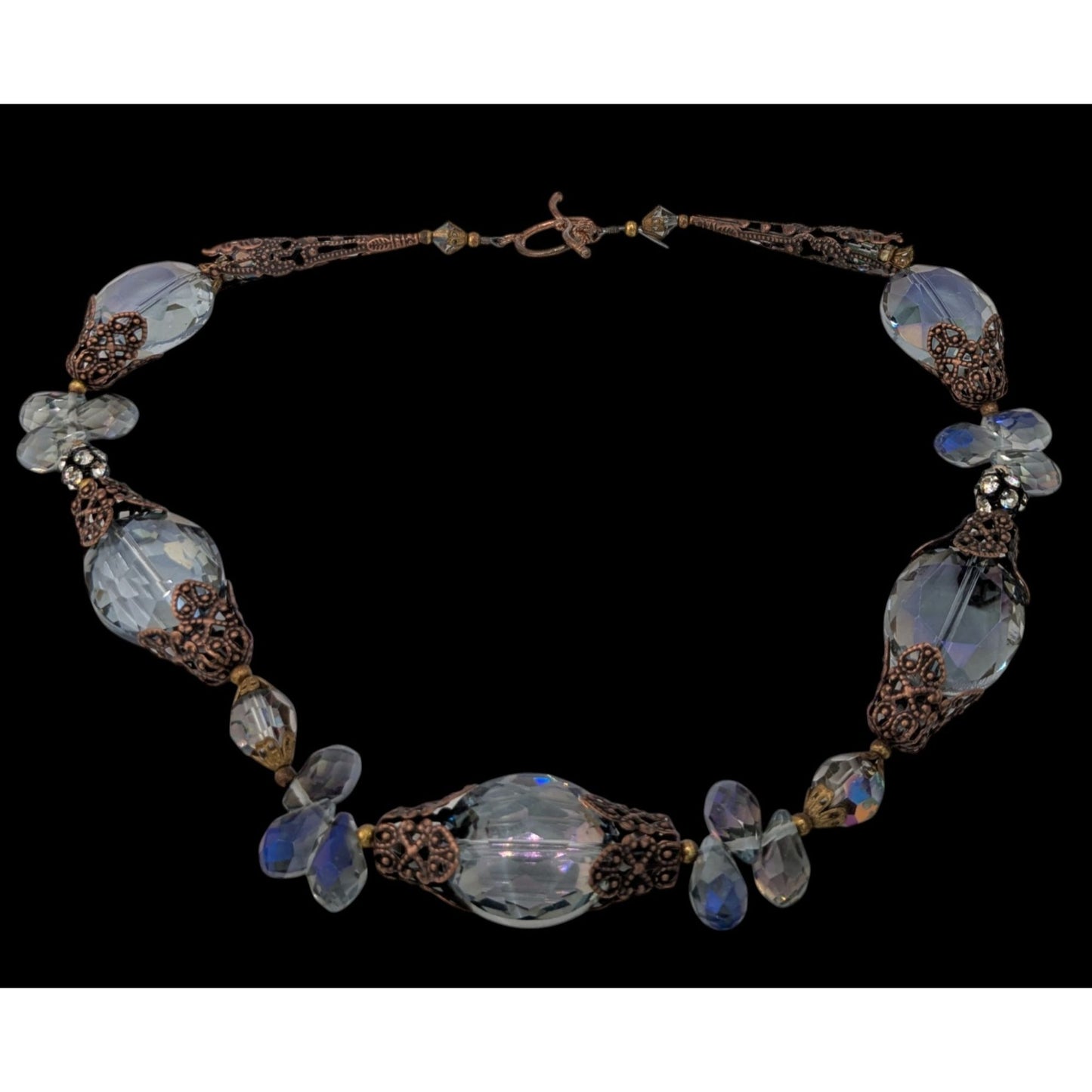 Vintage Handmade Steampunk Glam Glass Necklace With Ornate Beads Toggle Clasp