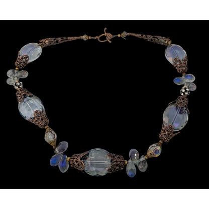 Vintage Handmade Steampunk Glam Glass Necklace With Ornate Beads Toggle Clasp