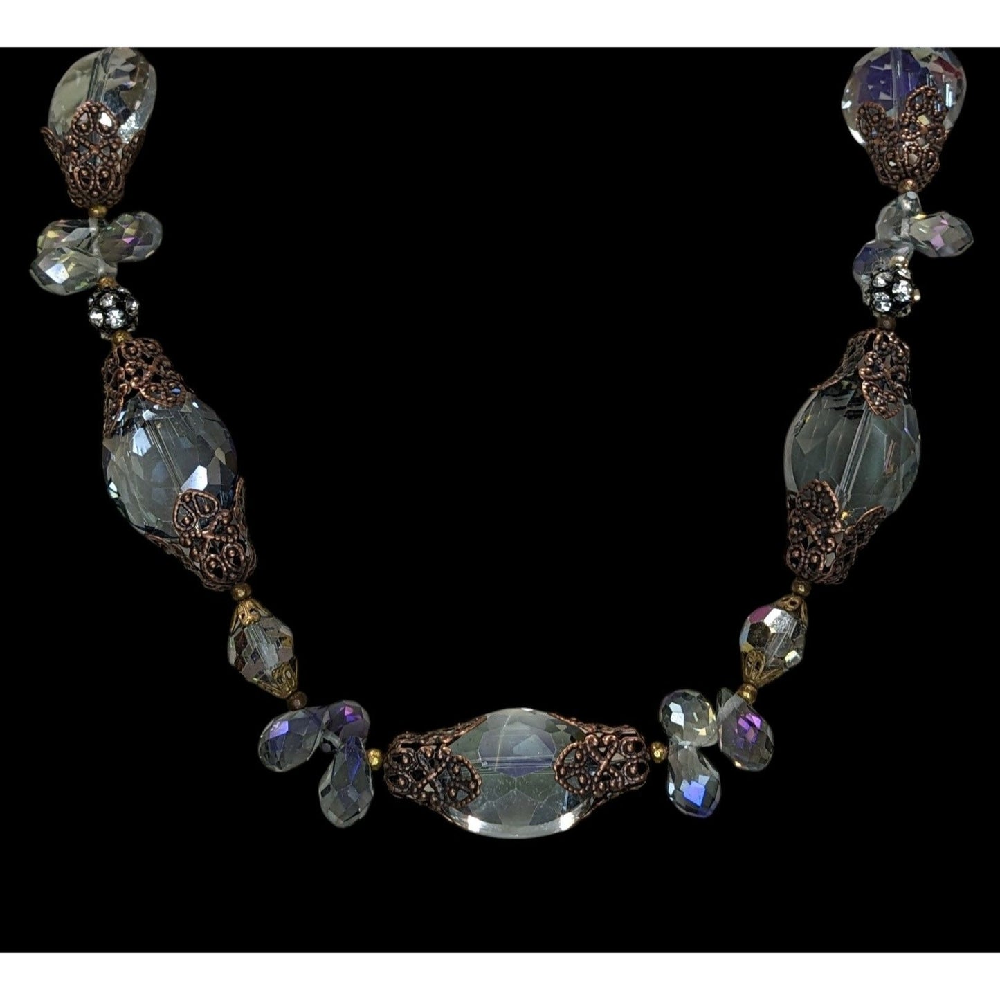 Vintage Handmade Steampunk Glam Glass Necklace With Ornate Beads Toggle Clasp