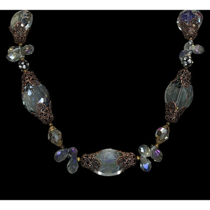 Vintage Handmade Steampunk Glam Glass Necklace With Ornate Beads Toggle Clasp