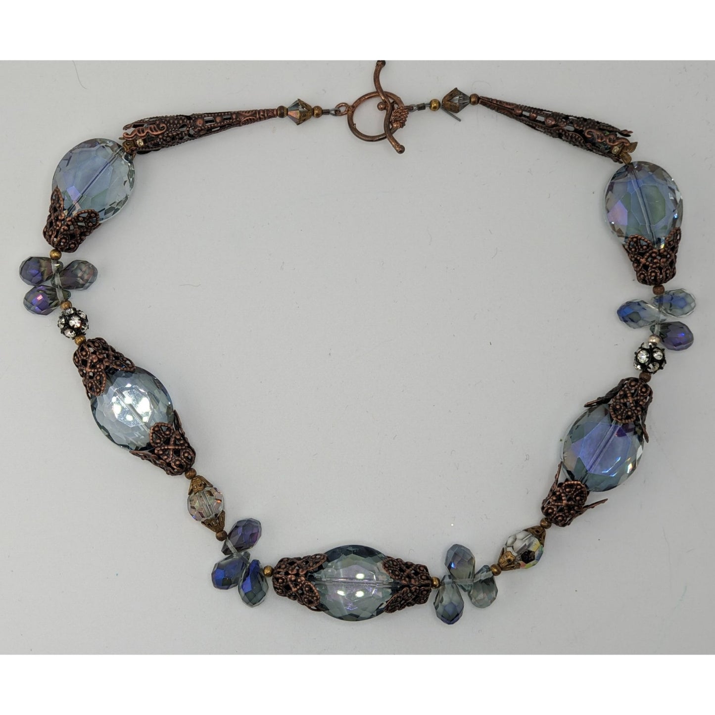 Vintage Handmade Steampunk Glam Glass Necklace With Ornate Beads Toggle Clasp