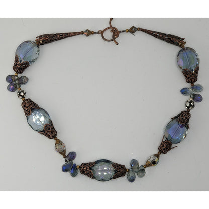 Vintage Handmade Steampunk Glam Glass Necklace With Ornate Beads Toggle Clasp