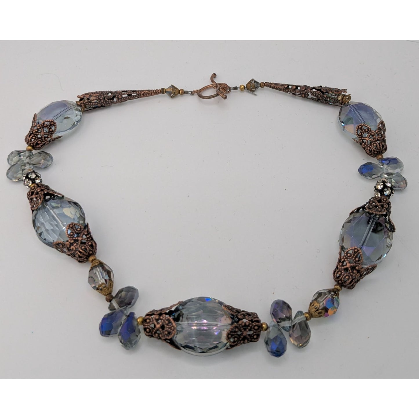 Vintage Handmade Steampunk Glam Glass Necklace With Ornate Beads Toggle Clasp