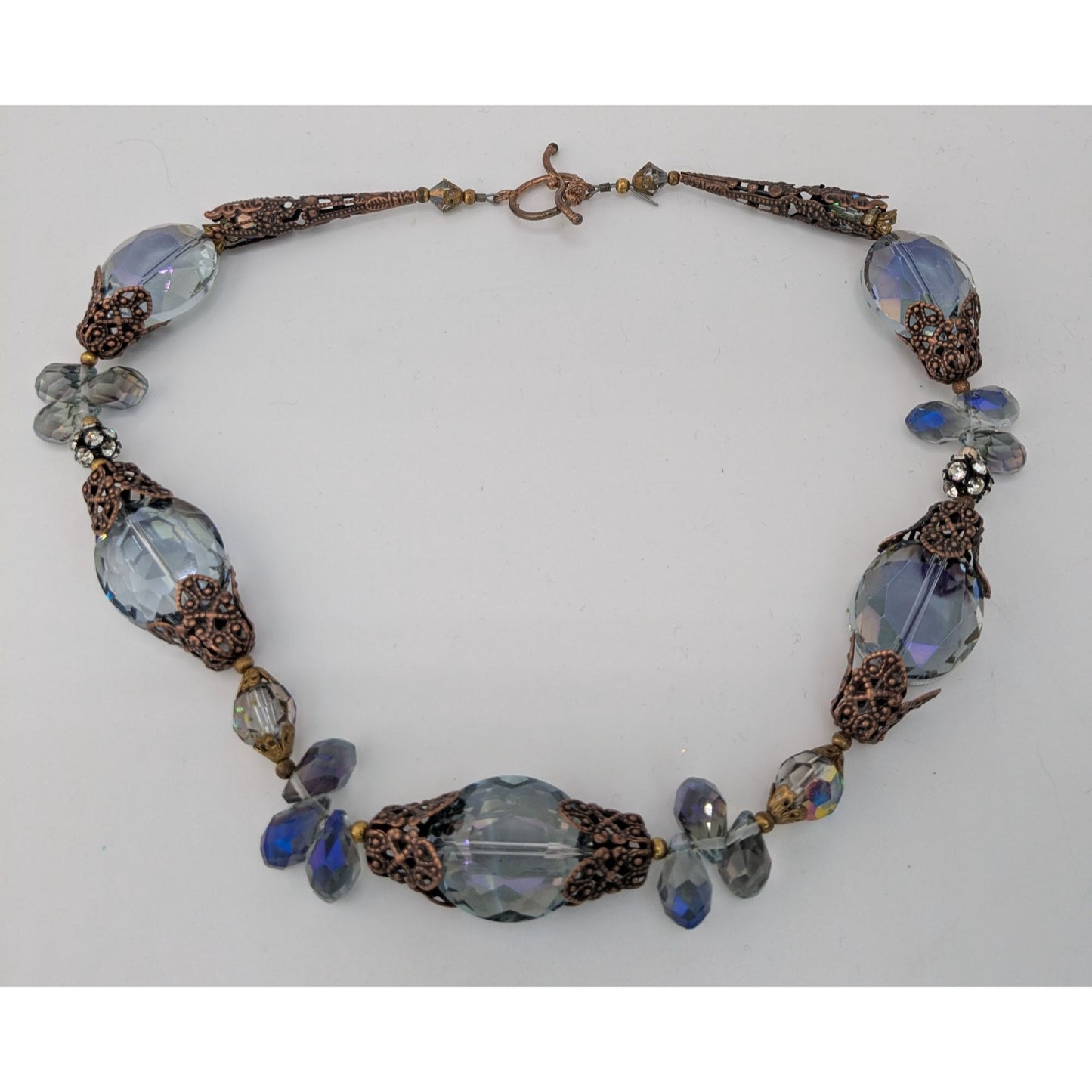 Vintage Handmade Steampunk Glam Glass Necklace With Ornate Beads Toggle Clasp