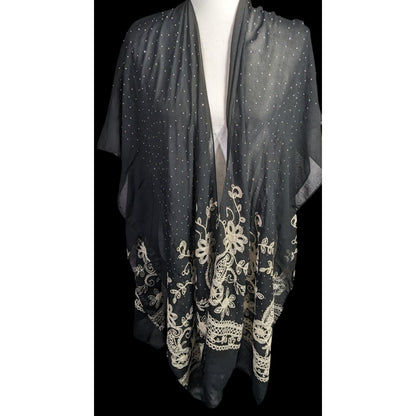 Black Bohemian Embroidered Shawl With Metal Stud Accents And Floral Pattern 42 Inches Long