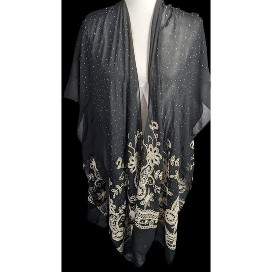 Black Bohemian Embroidered Shawl With Metal Stud Accents And Floral Pattern 42 Inches Long