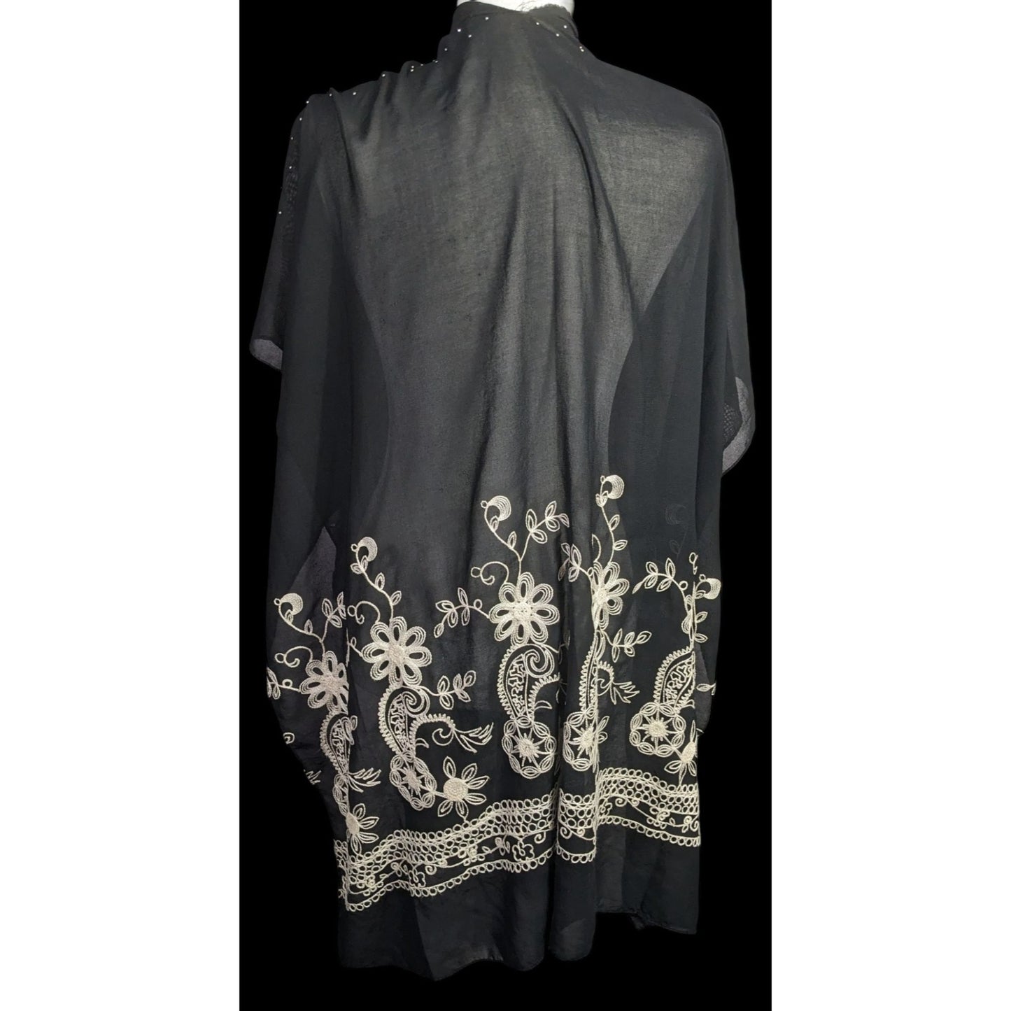 Black Bohemian Embroidered Shawl With Metal Stud Accents And Floral Pattern 42 Inches Long