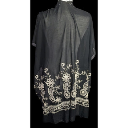 Black Bohemian Embroidered Shawl With Metal Stud Accents And Floral Pattern 42 Inches Long