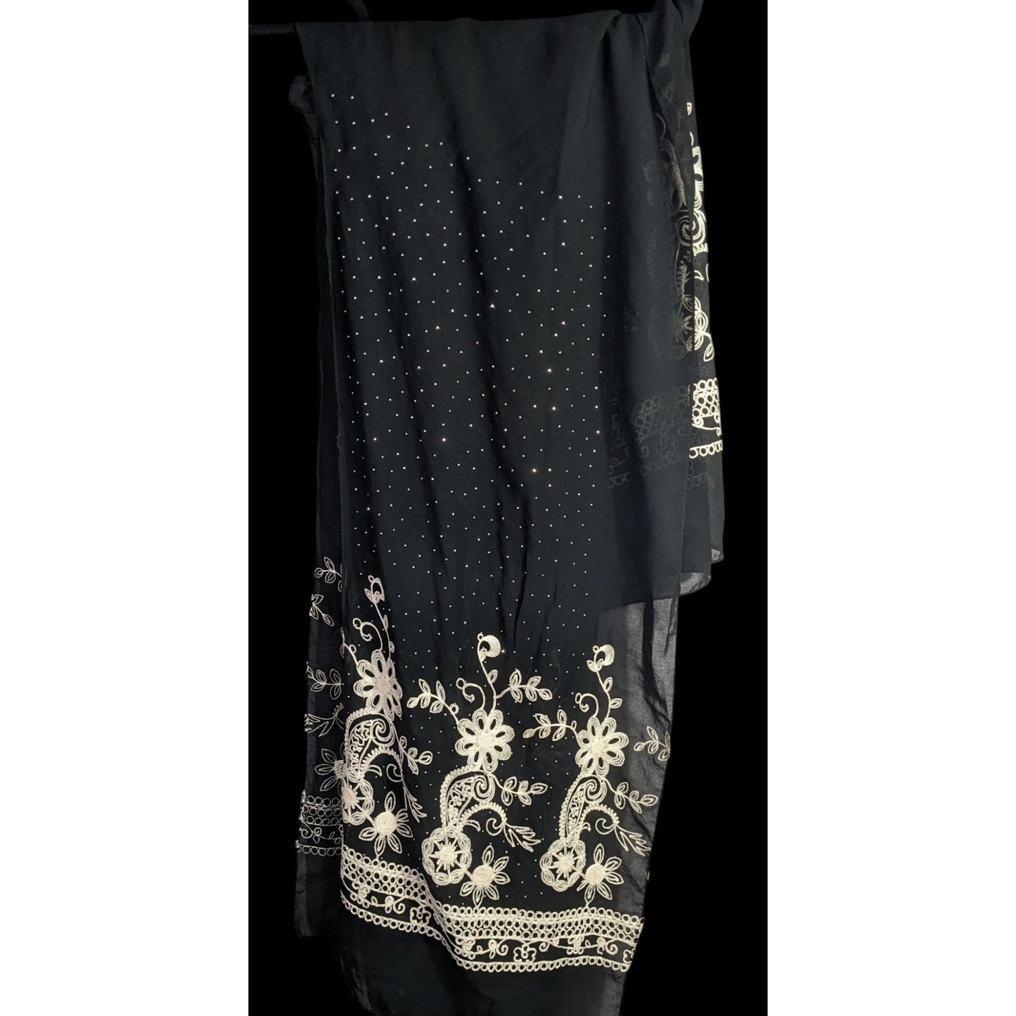 Black Bohemian Embroidered Shawl With Metal Stud Accents And Floral Pattern 42 Inches Long