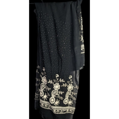 Black Bohemian Embroidered Shawl With Metal Stud Accents And Floral Pattern 42 Inches Long