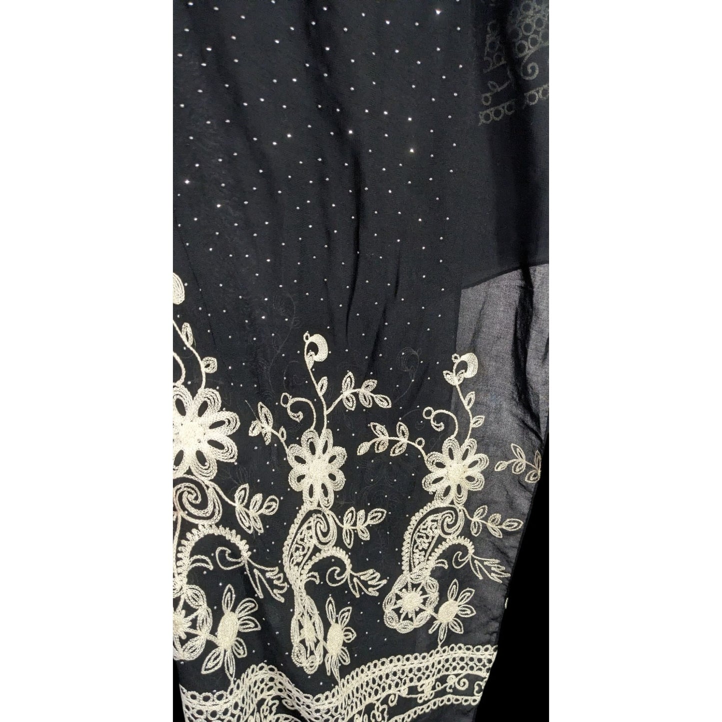 Black Bohemian Embroidered Shawl With Metal Stud Accents And Floral Pattern 42 Inches Long