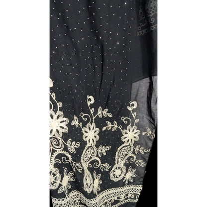 Black Bohemian Embroidered Shawl With Metal Stud Accents And Floral Pattern 42 Inches Long