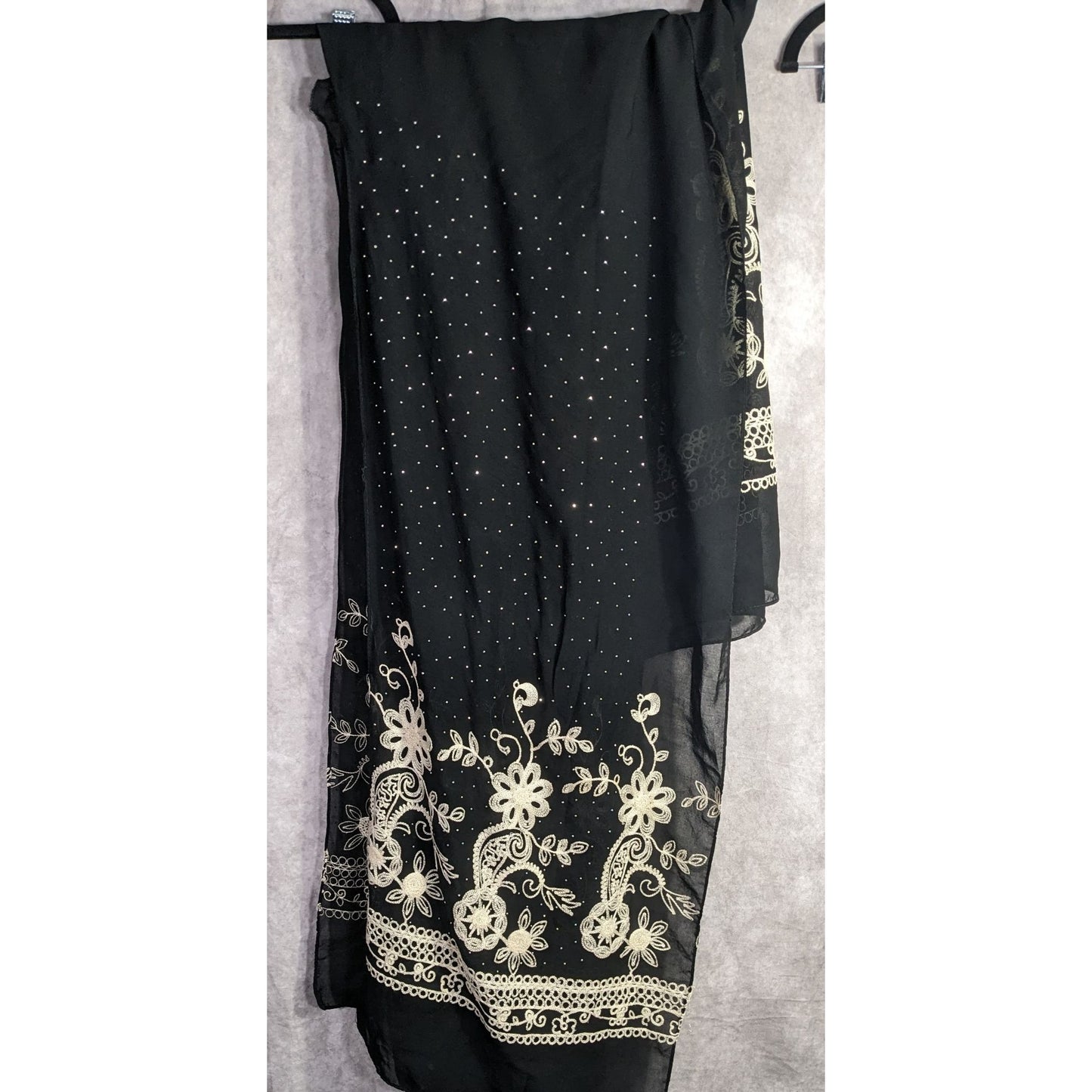 Black Bohemian Embroidered Shawl With Metal Stud Accents And Floral Pattern 42 Inches Long