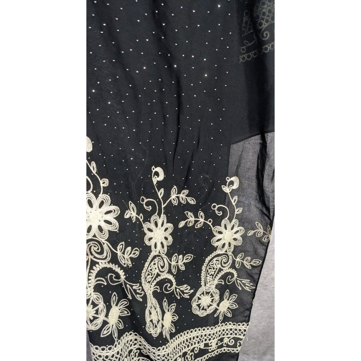 Black Bohemian Embroidered Shawl With Metal Stud Accents And Floral Pattern 42 Inches Long