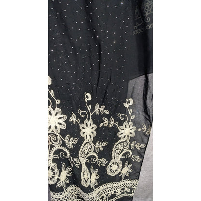 Black Bohemian Embroidered Shawl With Metal Stud Accents And Floral Pattern 42 Inches Long
