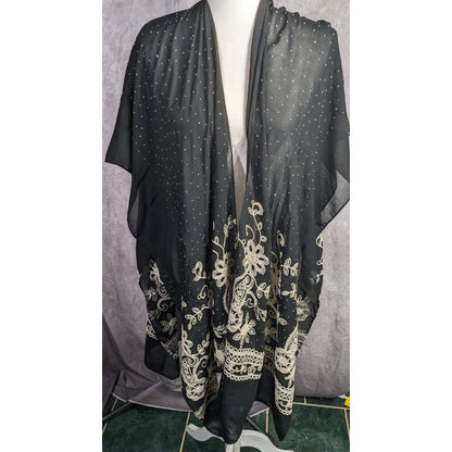 Black Bohemian Embroidered Shawl With Metal Stud Accents And Floral Pattern 42 Inches Long
